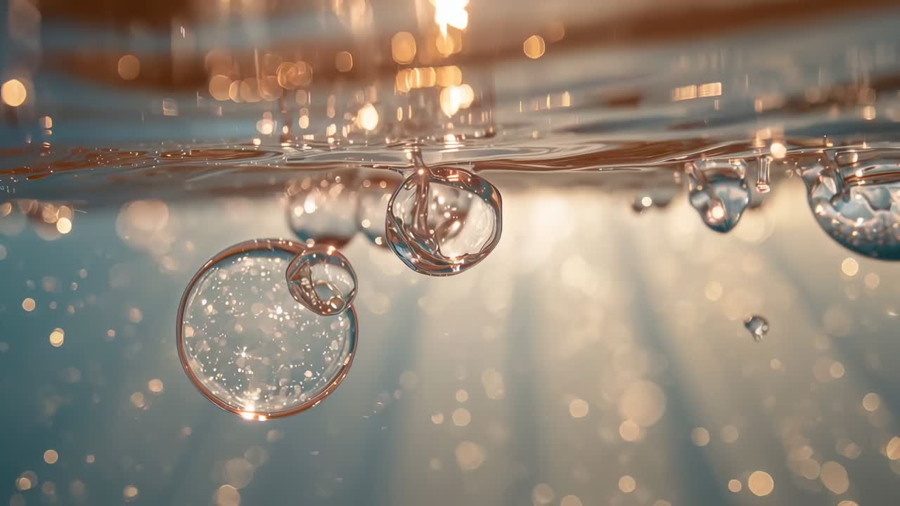 Formazione di un insieme di bolle attaccate sotto la superficie dell'acqua come flusso verticale alimentato, bokeh retroilluminato