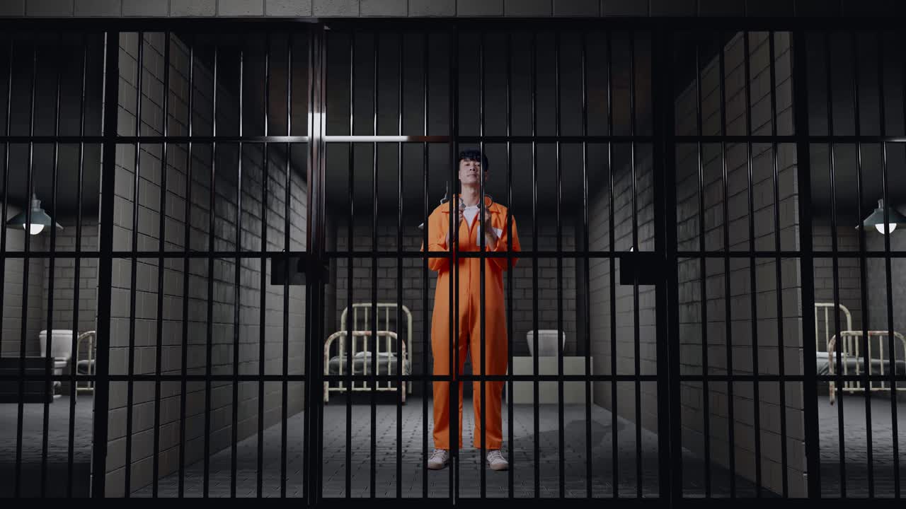 полное тело азиатского мужчины-заключенного показывает наручники камере, стоя в тюрьме