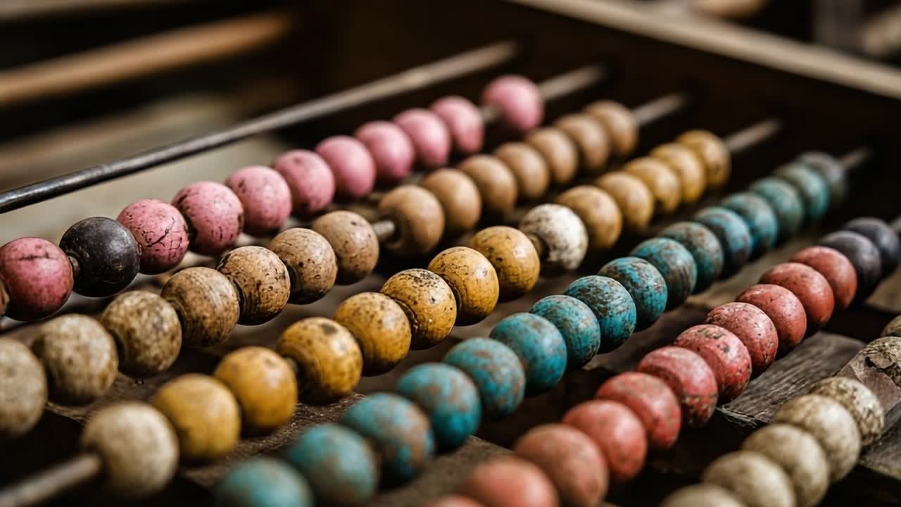 Colorful wooden beads arranged on an old abacus in a rustic setting
