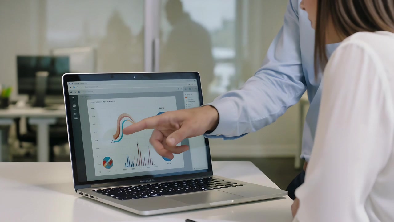Moving in, man in blue shirt leaning over office table pointing at laptop charts, explaining data