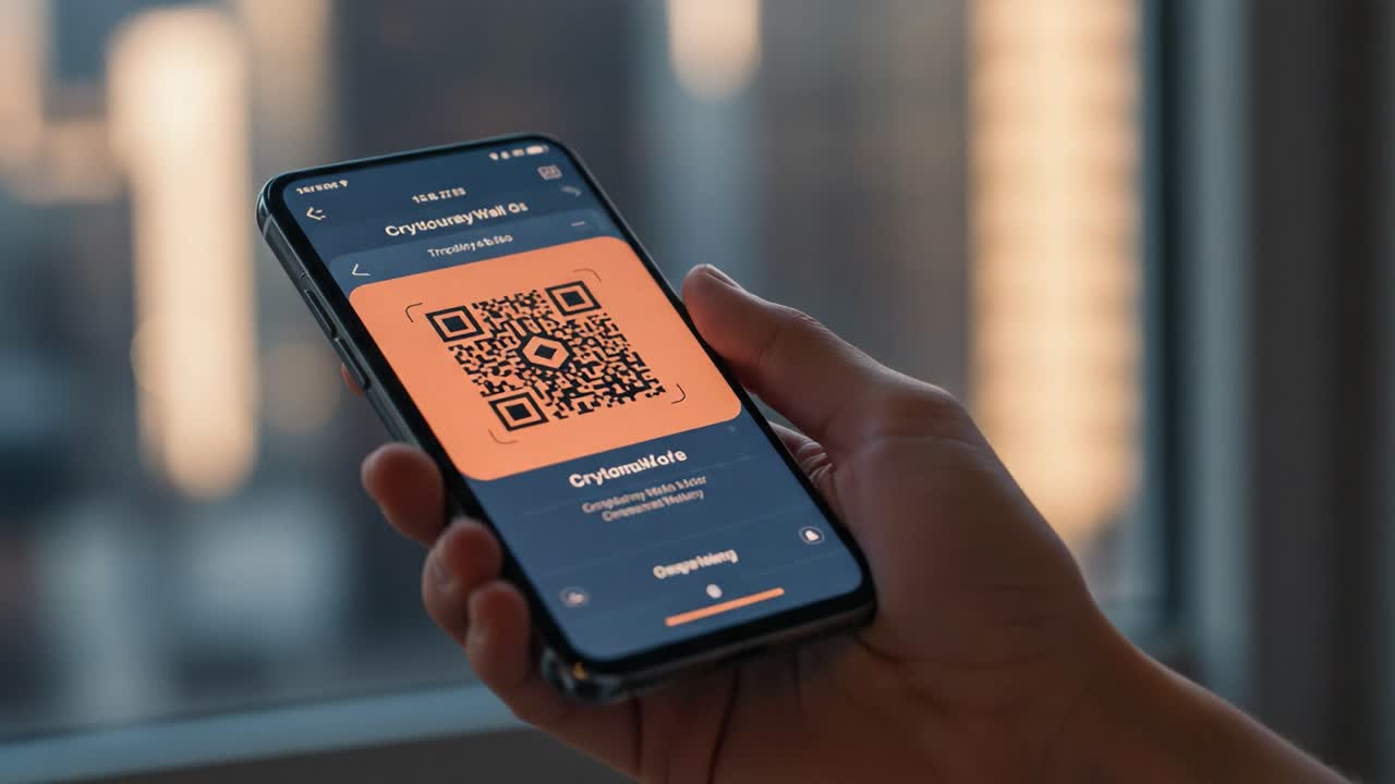 Exploring Digital Wallets: A Close-Up on a Smartphone Displaying a QR Code for Cryptocurrency Transactions and Wallet Management in an Urban Setting