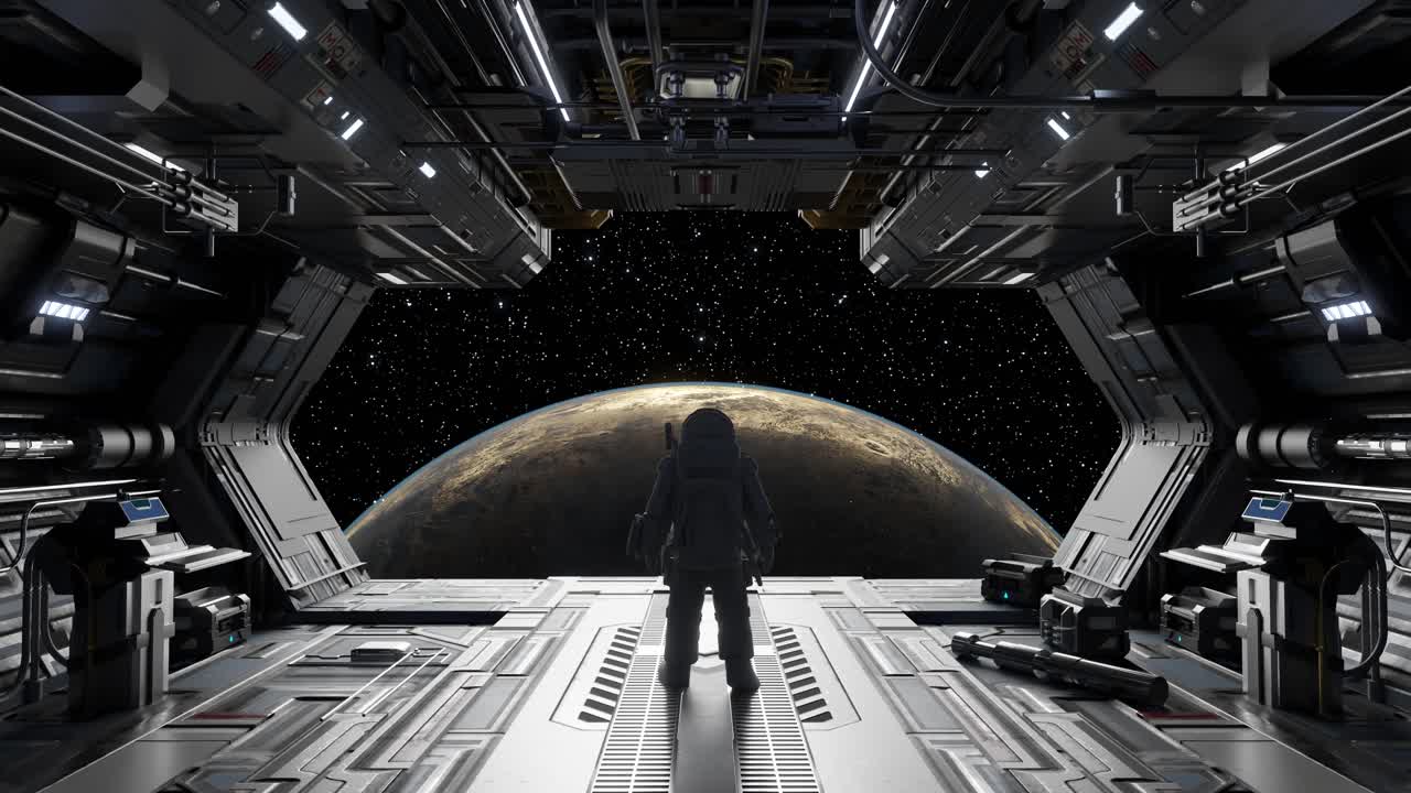 Cosmonaut gazing planet from futuristic starship bay