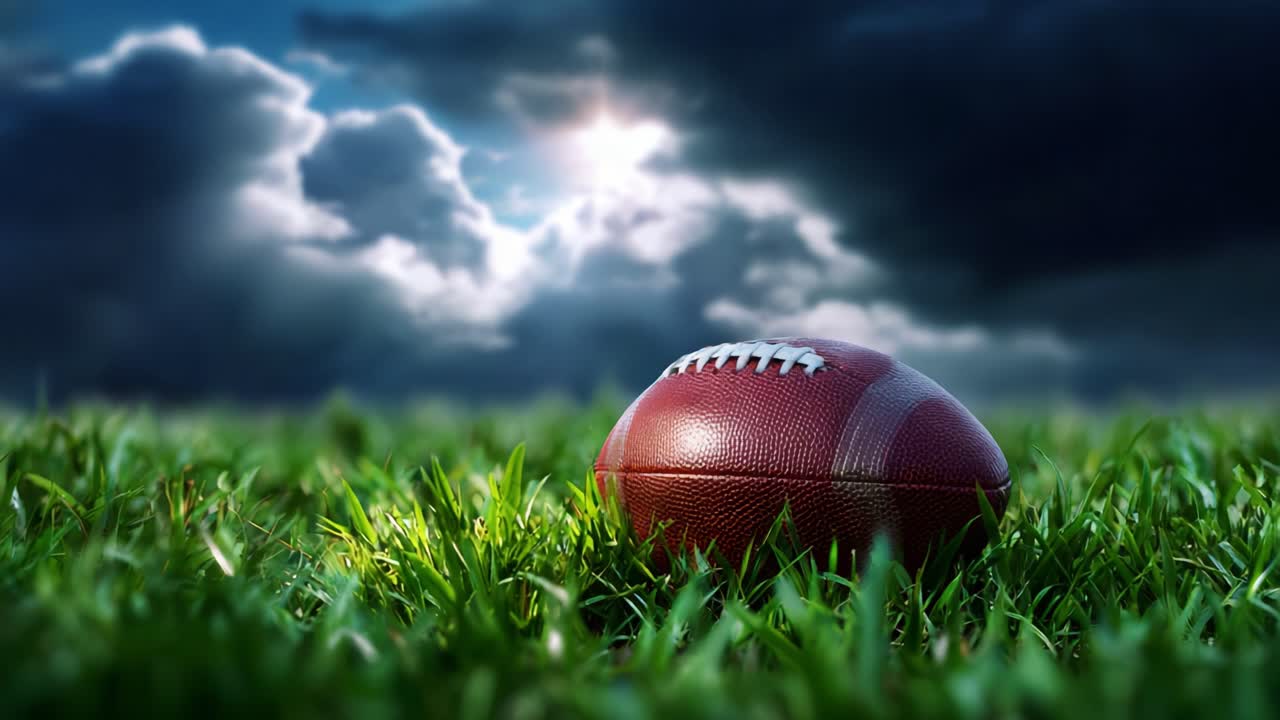 Primo piano di un pallone da football marrone lucido su erba verde e rigogliosa sotto un cielo nuvoloso spettacolare con raggi di luce che filtrano, a simboleggiare gli sport all'aperto e la competizione
