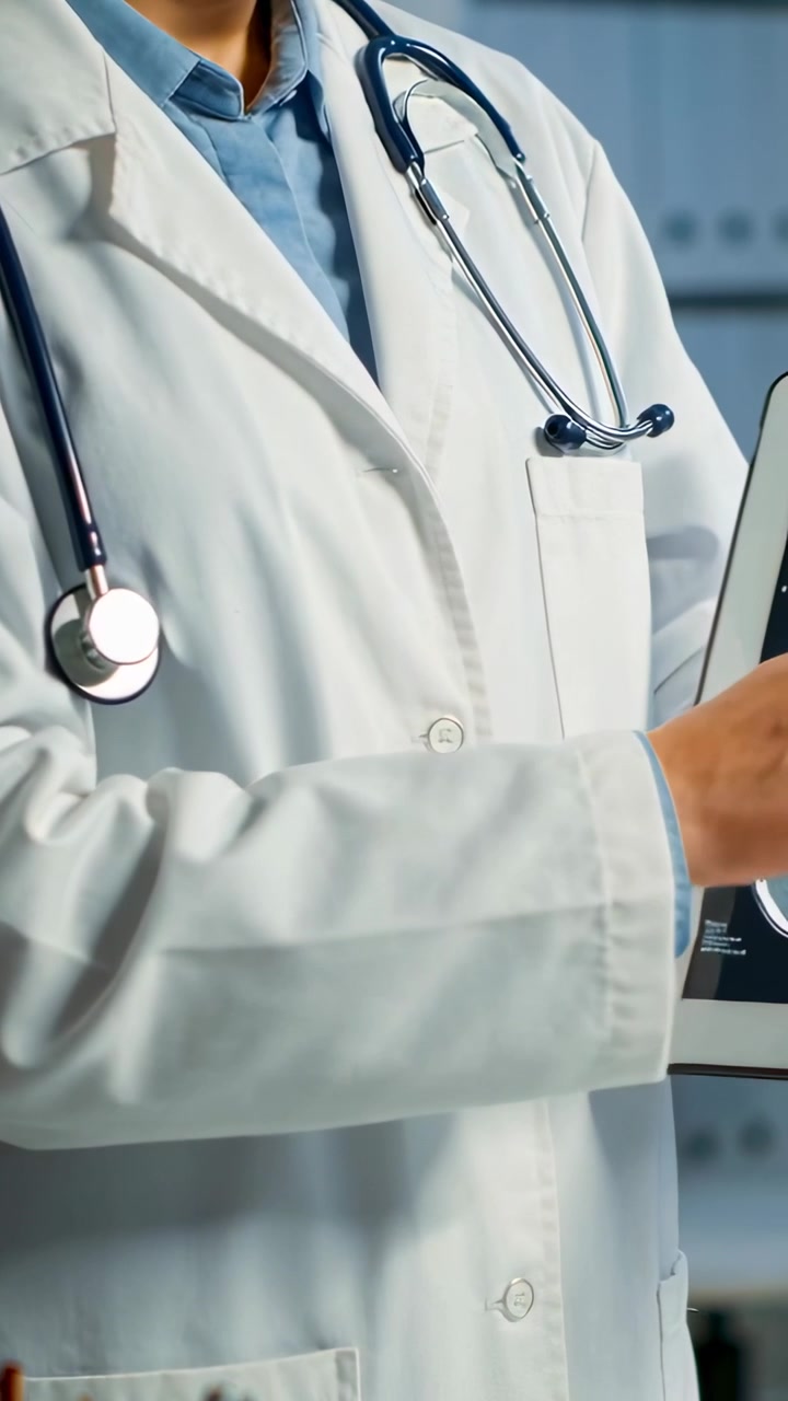 Video verticale: Medico che sposta un tablet per presentare una TAC cerebrale in clinica, con camice, camicia blu e stetoscopio.