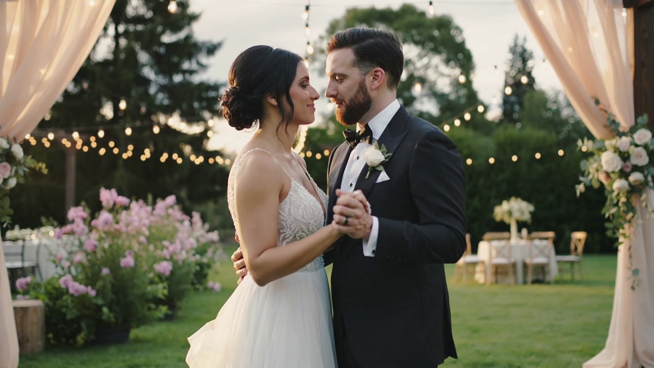 Dancing bride and groom in formal wear on music cue, turning beneath pergola with joined hands