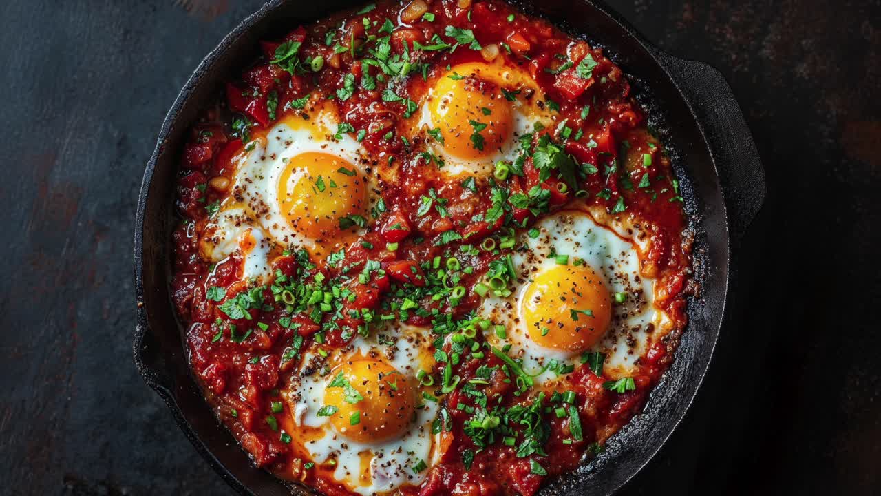 맛있는 샤크슈카 (shakshuka) 는 주조 철 비에 은 달으로