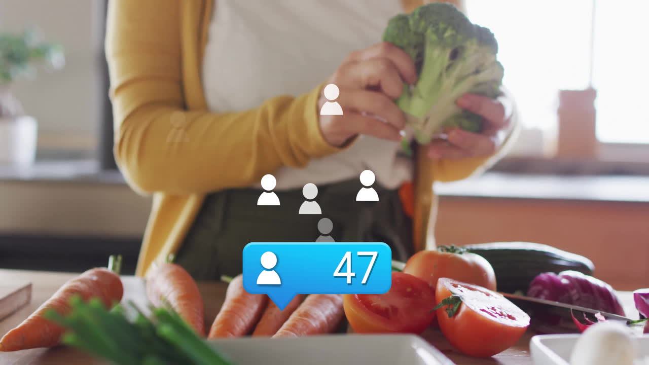 preparando verduras, los seguidores de las redes sociales cuentan la animación sobre la escena de la cocina