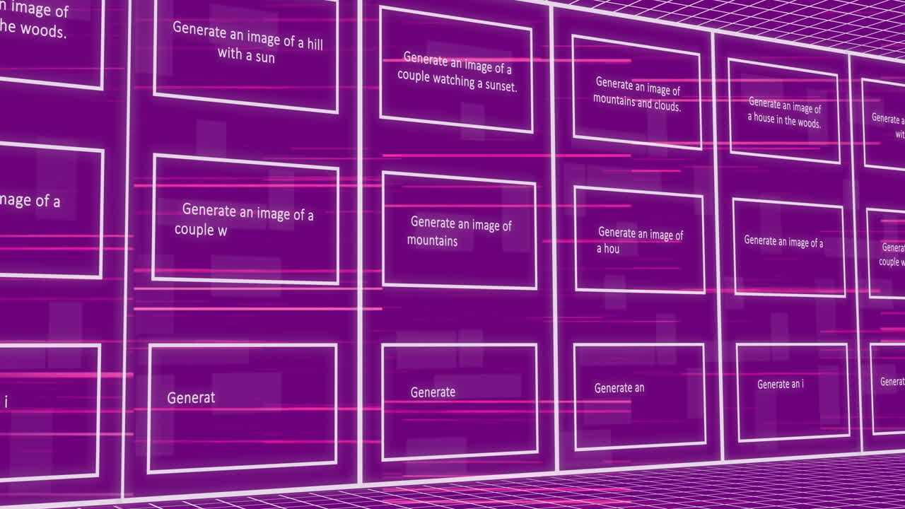 Animation of texts and pictures in rectangle with falling binary codes over purple background