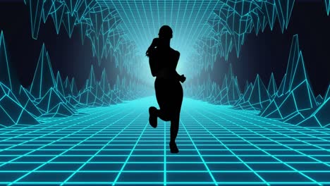 Animation-of-woman-running-over-glowing-grid