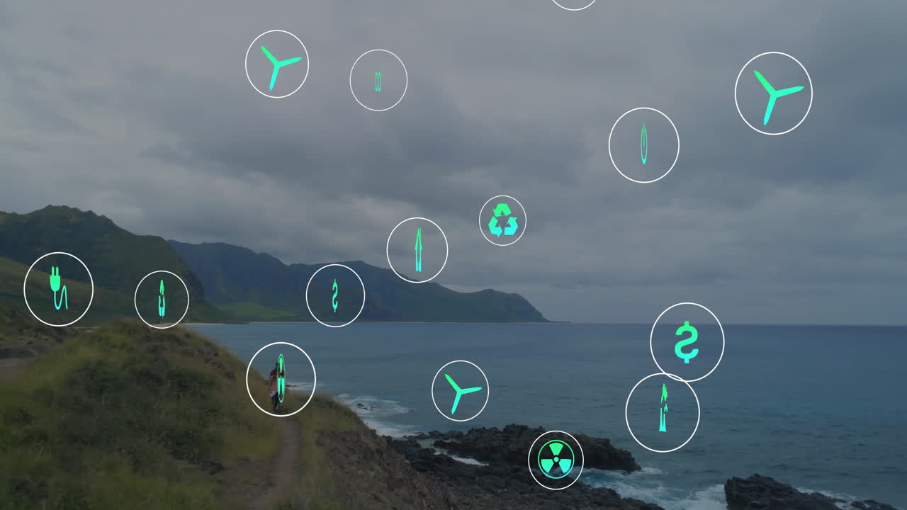Animation of environmental icons overlaying coastal landscape illustrating concepts