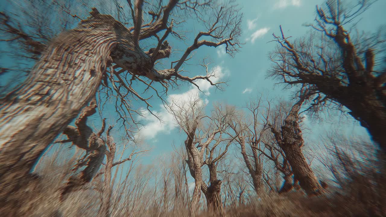 Panning camera across bare trees on grassy slope under cloudy sky, showcasing trunks and dry grass