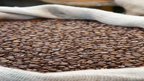 a burlap bag full of roasted coffee beans