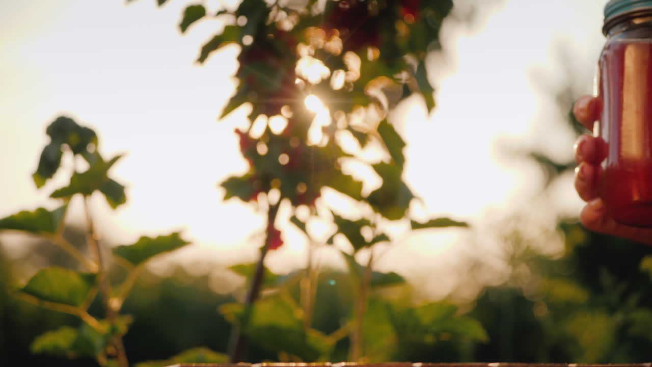 una mujer pone dos refrescos de frutas sobre la mesa
