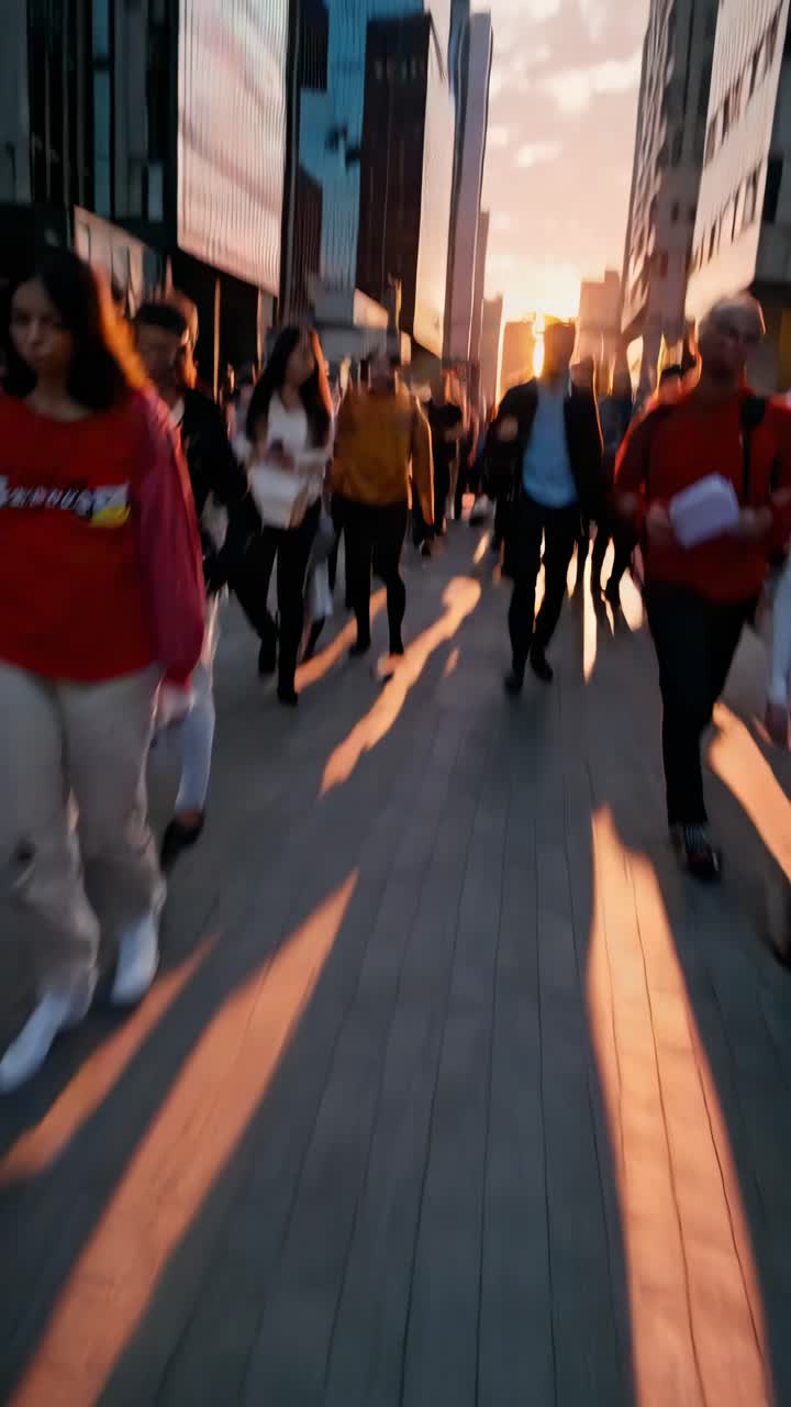 Dynamic street scene video at sunset, capturing a bustling crowd from a low angle