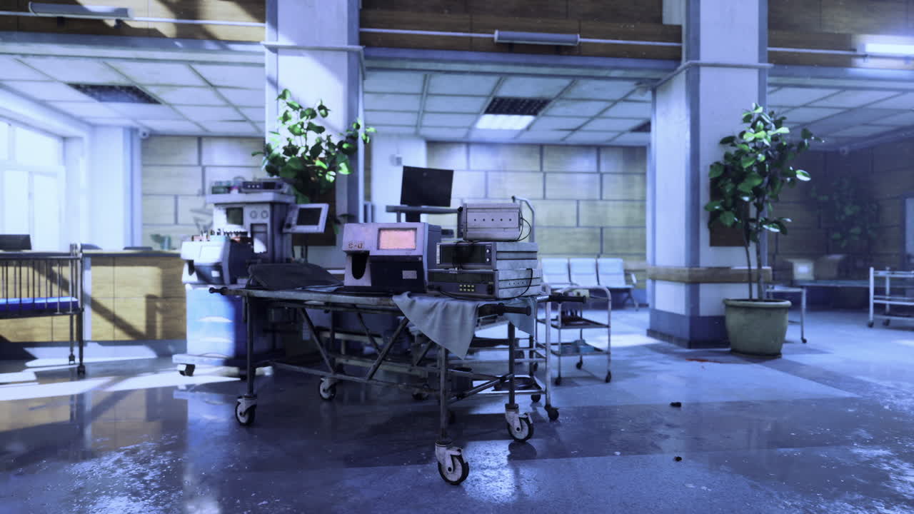 Bright hospital scene lightfilled atrium with medical carts and windows
