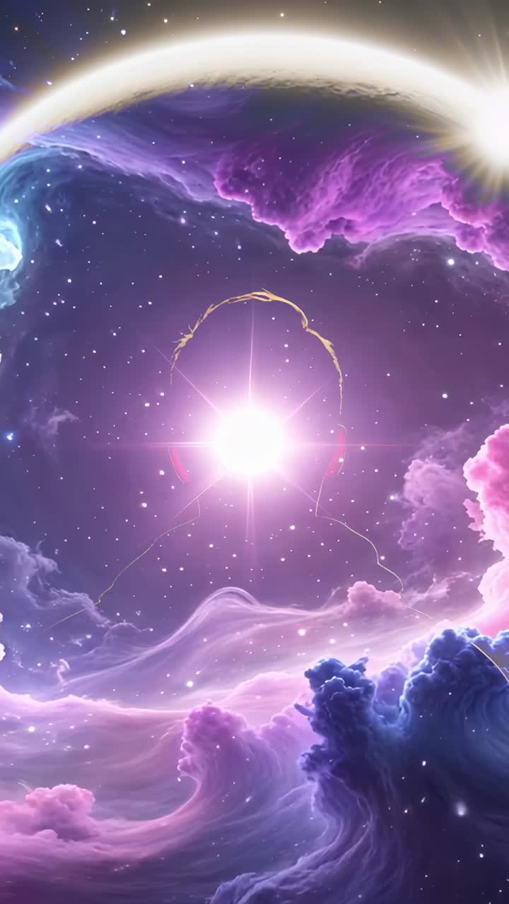 Vertical video: Igniting starburst engulfing violet nebula clouds in space, glowing planetary arc
