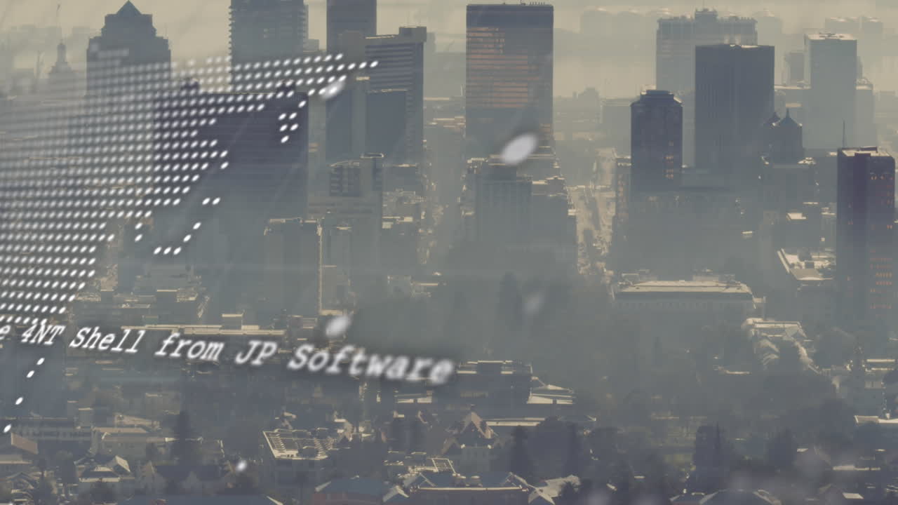 도시 풍경 위의 세계 지도 및 금융 데이터 처리의 애니메이션