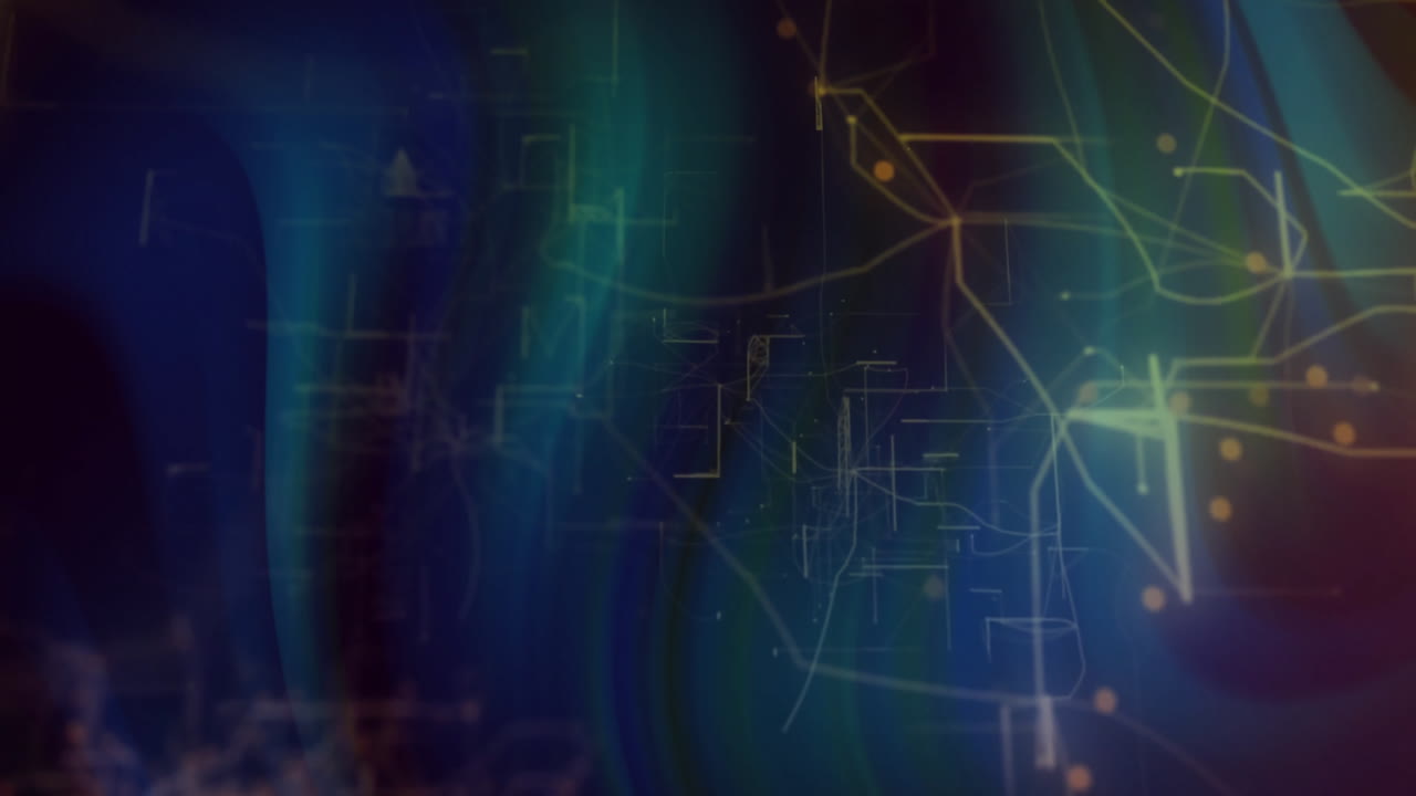 Flat design network streaming across blue green gradient showing glowing yellow lines with nodes