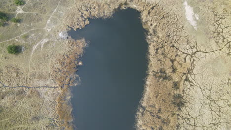 dried out banks of mikoszewskie lake, mewia lacha nature reserve, drone flying directly above crusty spotty cracked land surface