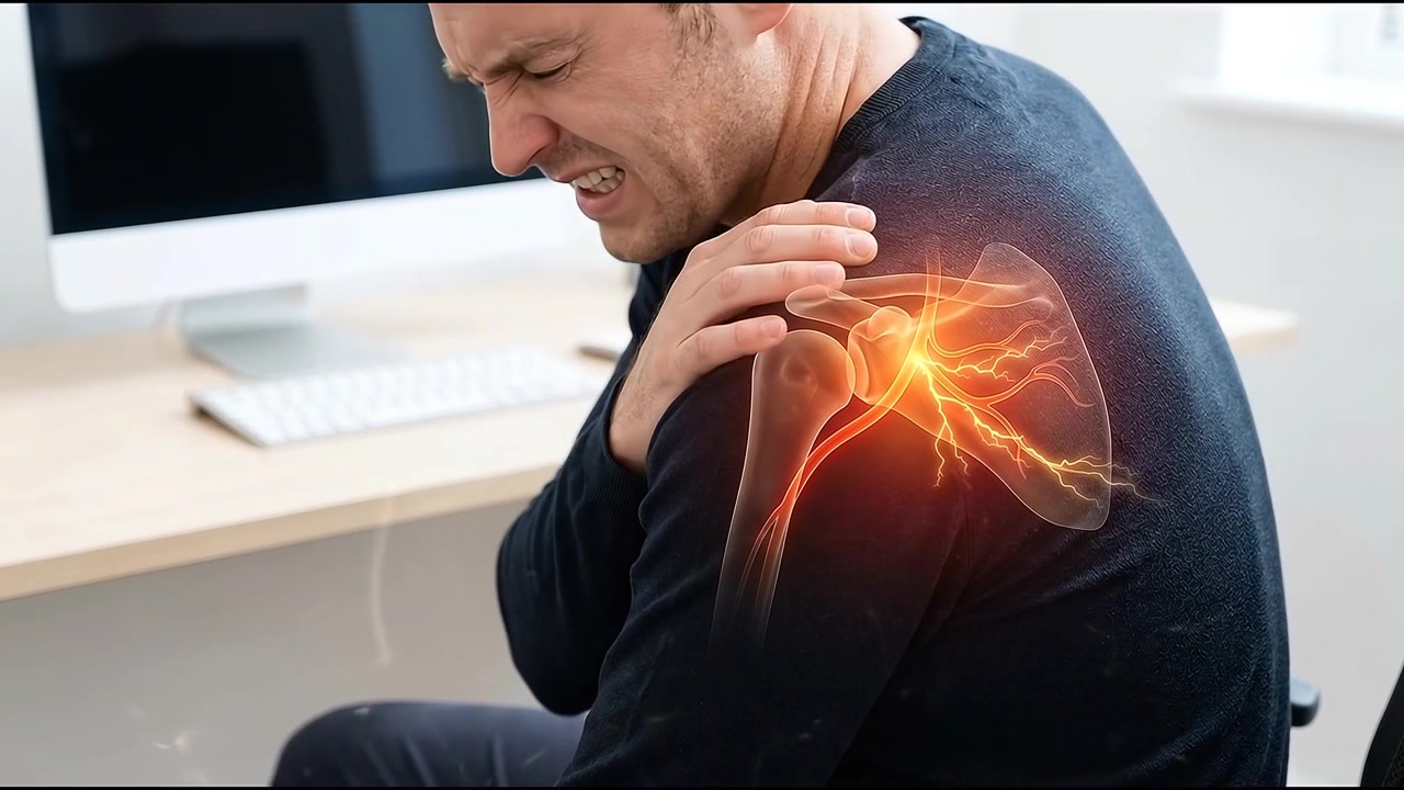 Uomo che soffre di dolore alla spalla con sovrapposizione di anatomia animata