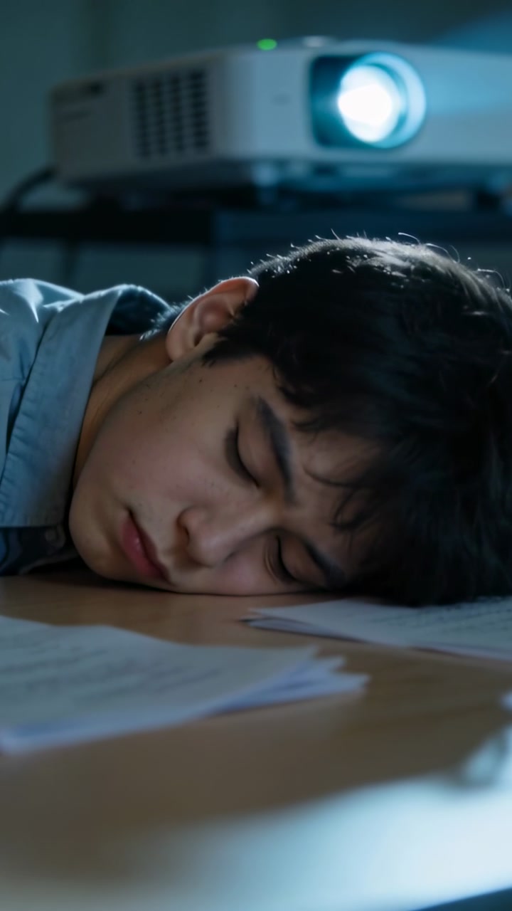 Vertical video: Noticing lit projector, teenage student dozing on table with papers