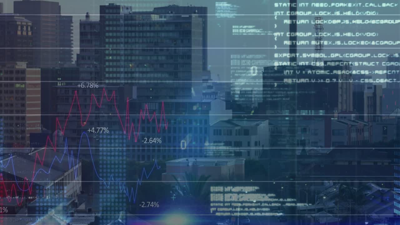 Skyline urbano che riceve sovrapposizioni di dati, con grafici che fluttuano dopo un fascio di luce diagonale per mostrare le tendenze.