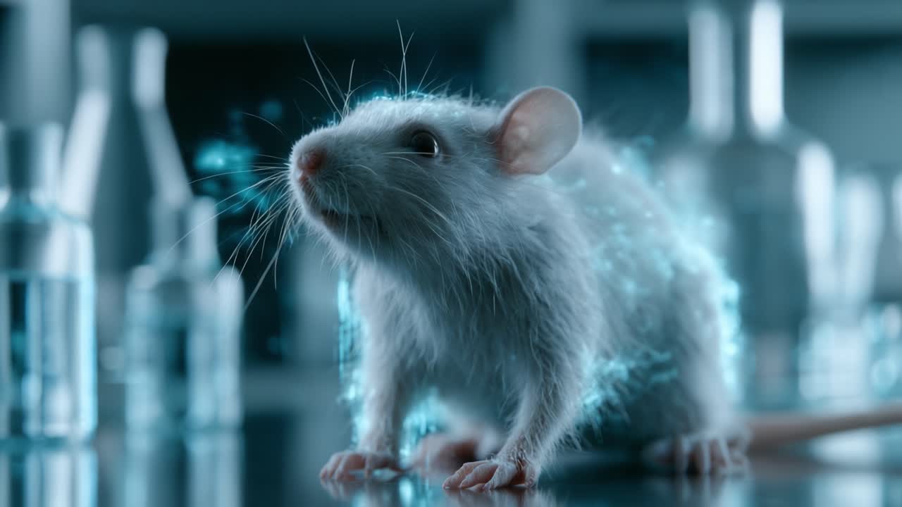 Un'esplorazione ravvicinata di un topo da laboratorio illuminato da una luce blu eterea, che evidenzia l'intersezione tra scienza e natura in contesti sperimentali.