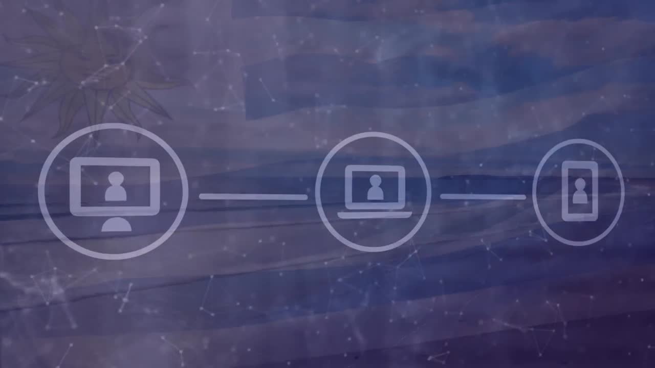 Animation of icons over connected dots, flag of america and sea against sky