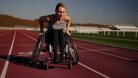 woman athlete in racing wheelchair on track