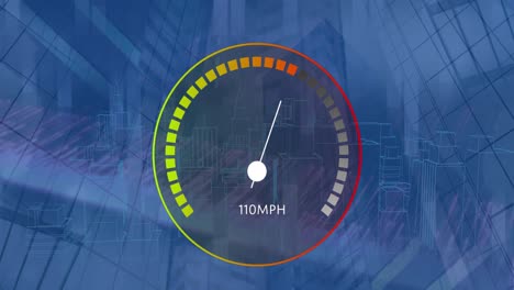 Animation-of-speedometer-and-light-trails-over-3d-city-model-spinning-against-tall-buildings