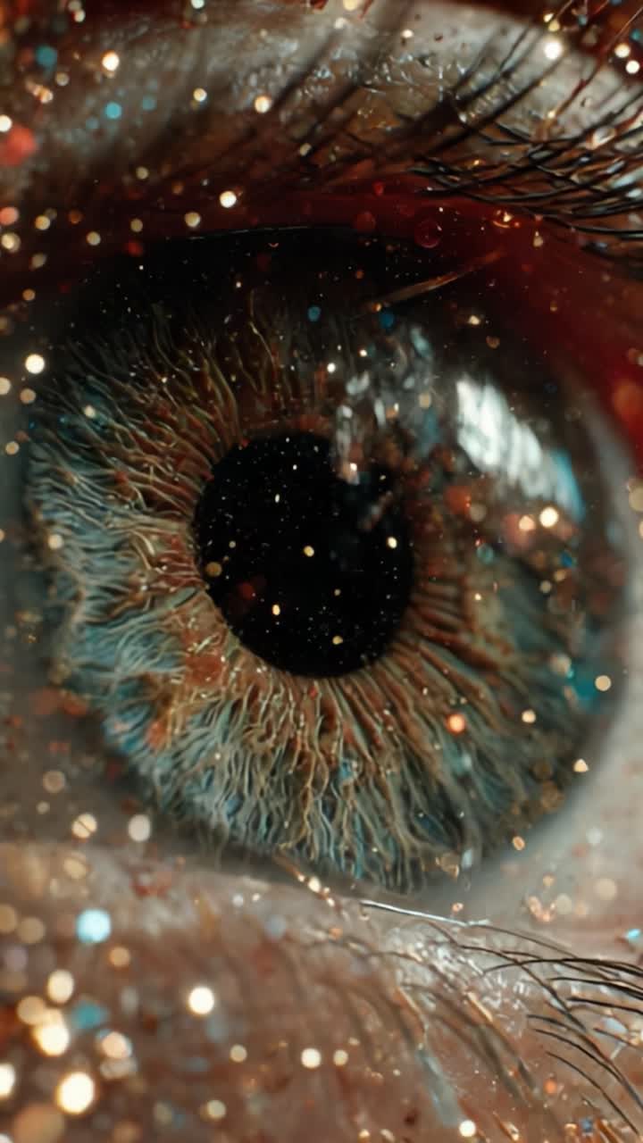 A Stunning Close-Up of an Eye Capturing the Intricacies of Iris Patterns and Reflections, Adorned with Sparkling Particles Creating a Magical Atmosphere