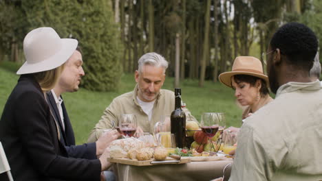 Group-Of-Middle-Aged-Friends-Eating-And-Talking-To-Each-Other-Sitting-At-Table-During-An-Outdoor-Party-In-The-Park