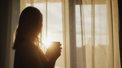 silueta de una mujer con una taza de té, de pie en la ventana al atardecer. vista de atrás