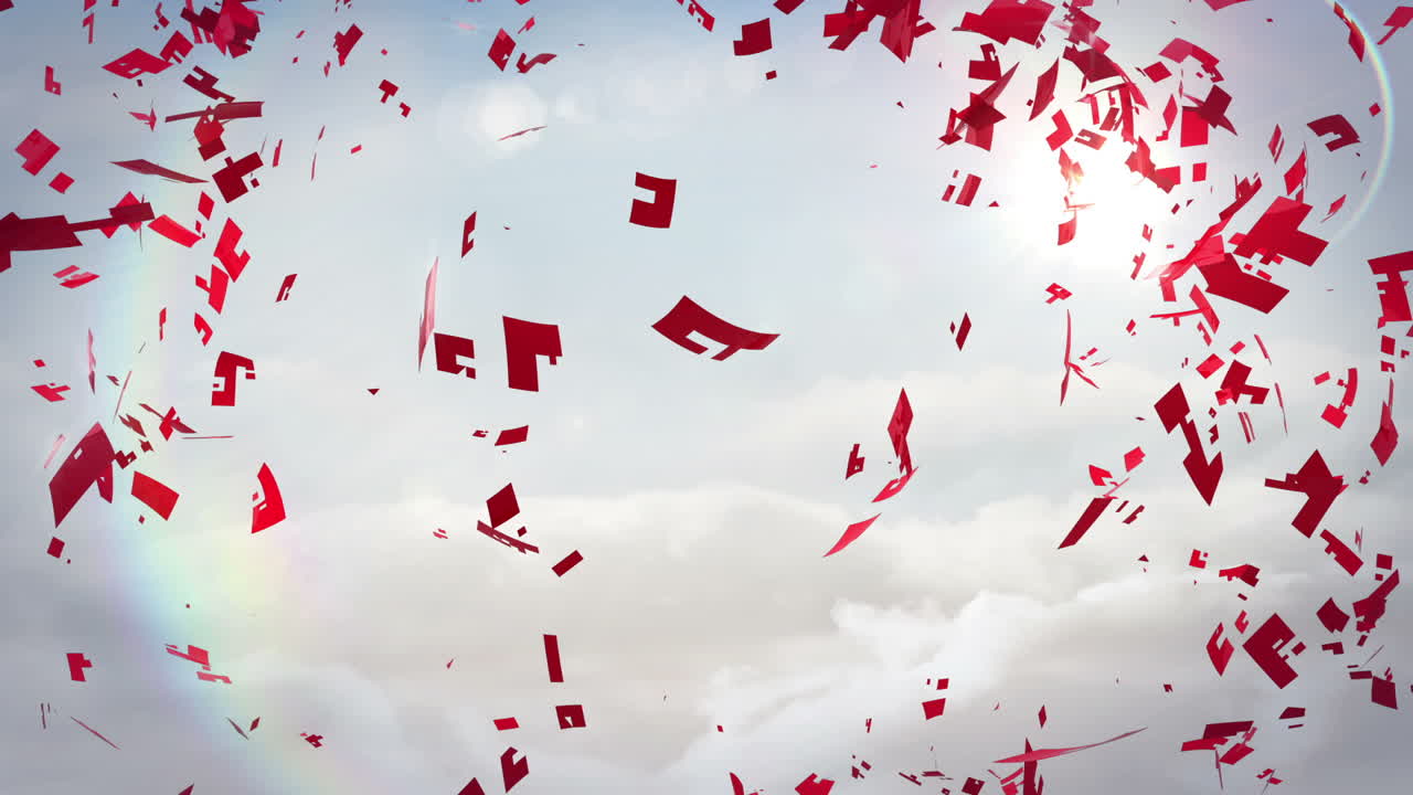 corazón rojo girando y explotando sobre el cielo azul