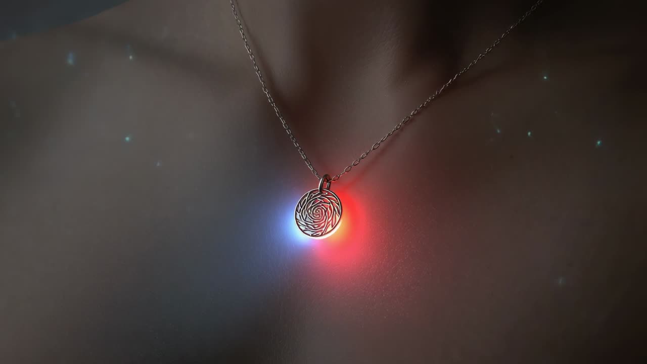 Hanging filigree pendant on metal chain, emitting red blue halo at upper chest, with dust specks
