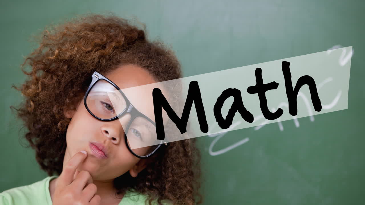 Math text over a banner against portrait of african american girl against black board at school