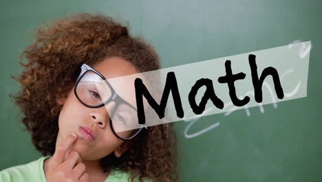 math text over a banner against portrait of african american girl against black board at school