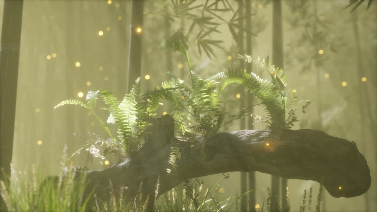 tronco del árbol doblado horizontalmente con helechos creciendo, y la luz del sol brillando