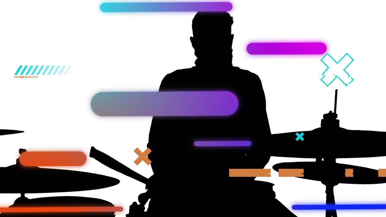 Animation of colourful shapes over silhouette of male drummer playing