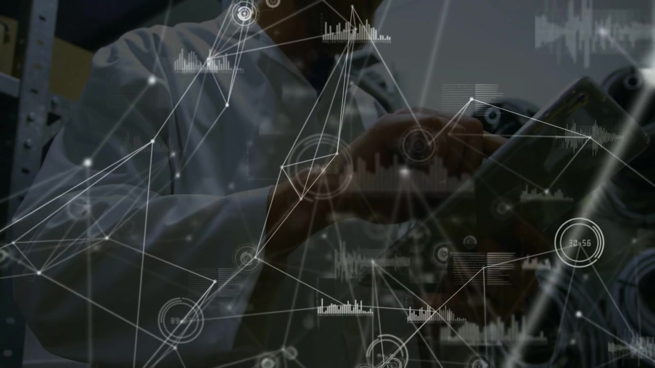 Vertical video: Male tech tapping tablet and showing network overlay while tuning wires for tests