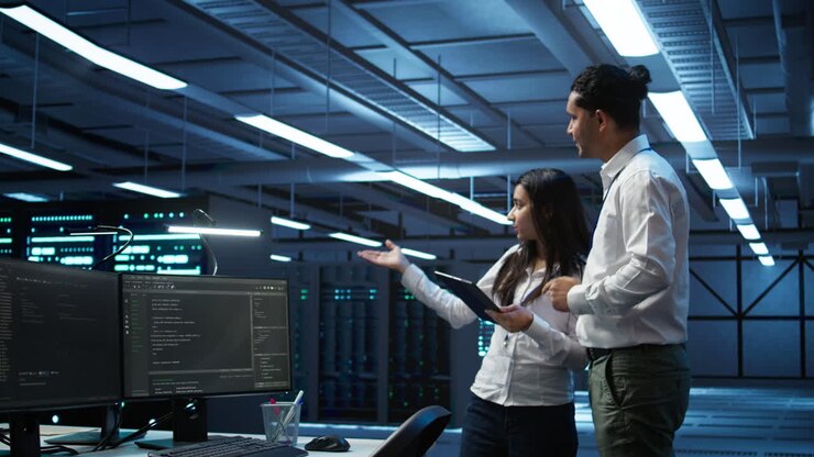 Employee using green screen devices in server farm used for automation