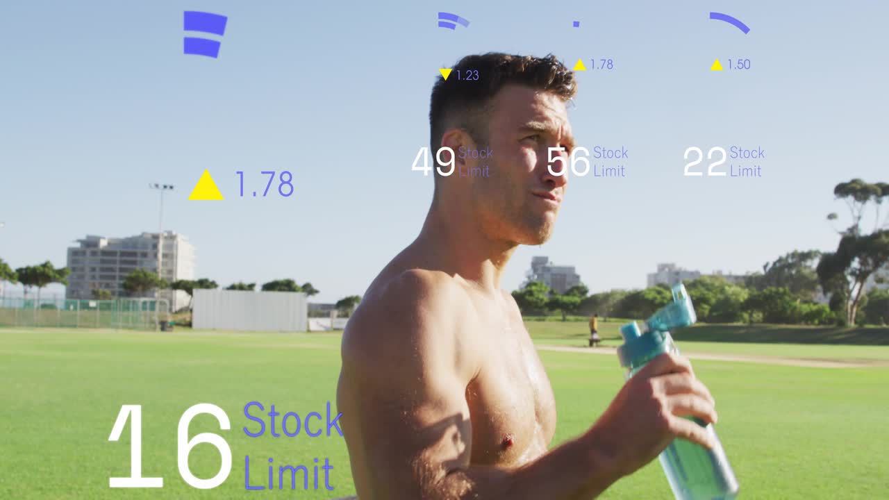 Fitness athlete flipping open water bottle drinking to hydrate, HUD metrics rising then falling