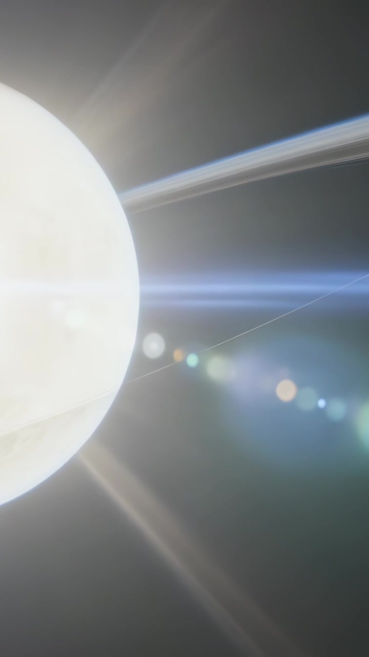 Video verticale: Disco accecante che attraversa un anello sottile a sinistra nello spazio, creando effetti flare, con spazio per il testo.
