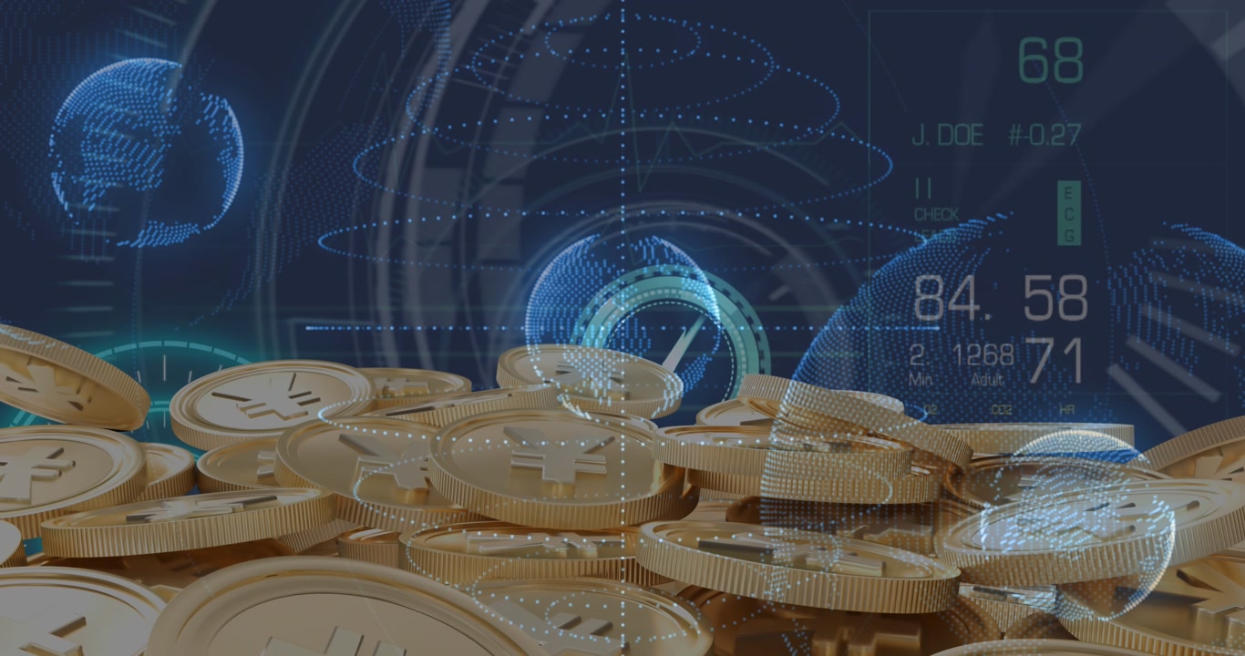 Animation of data processing over gold coins with yen symbol against blue background