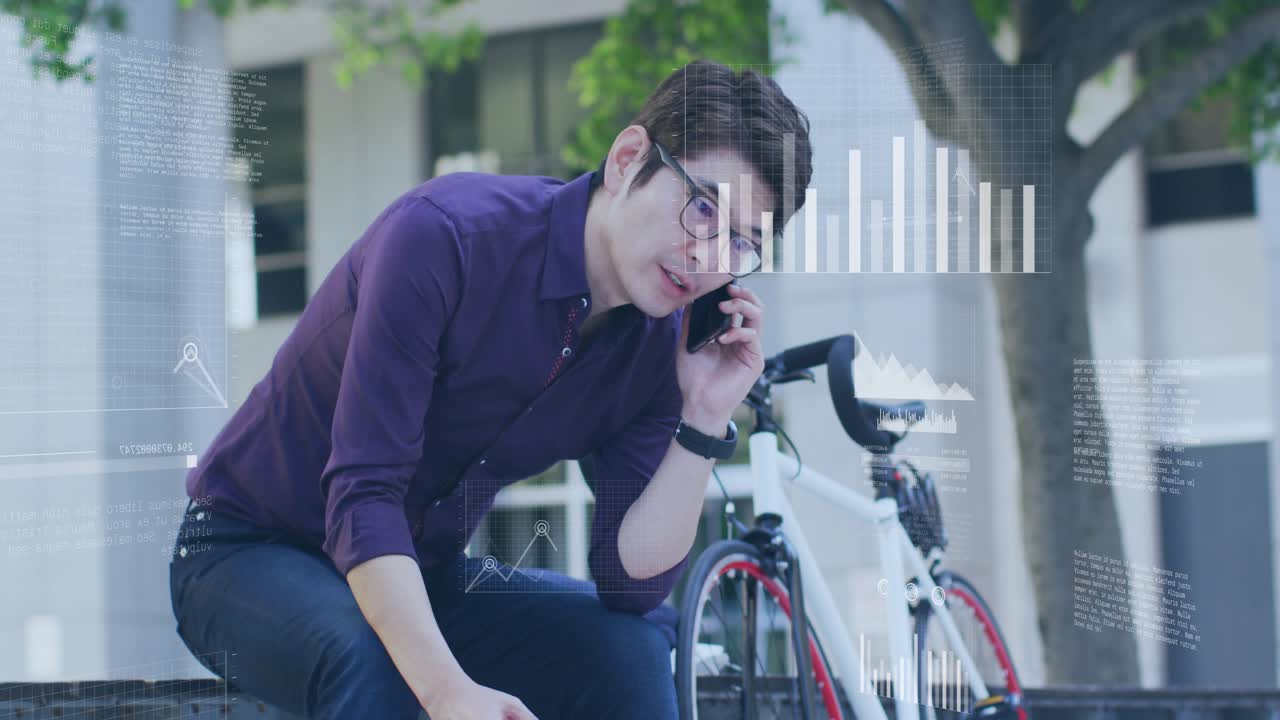 Businessman answering phone on ledge, gesturing while interacting with animated charts for business