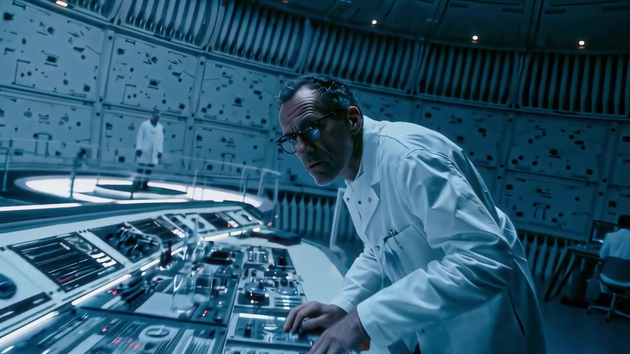 Scientist Working at Control Console in Futuristic Laboratory