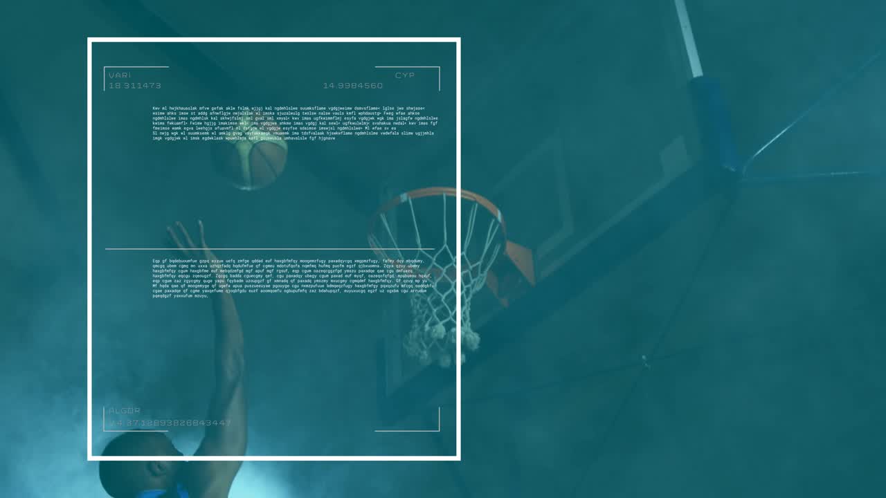 Male athlete leaping toward rim causing UI HUD scanning dunk for sports analytics