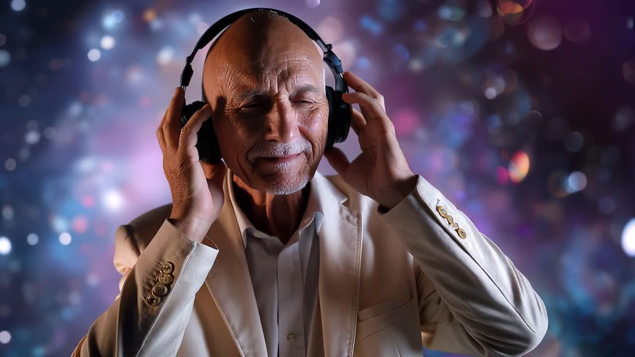 Man wears headphones, eyes closed, relaxed. He smiles, head tilted, enjoying music. Soft background lights glow, dreamy. Ideal for music, wellness, or relaxation scenes