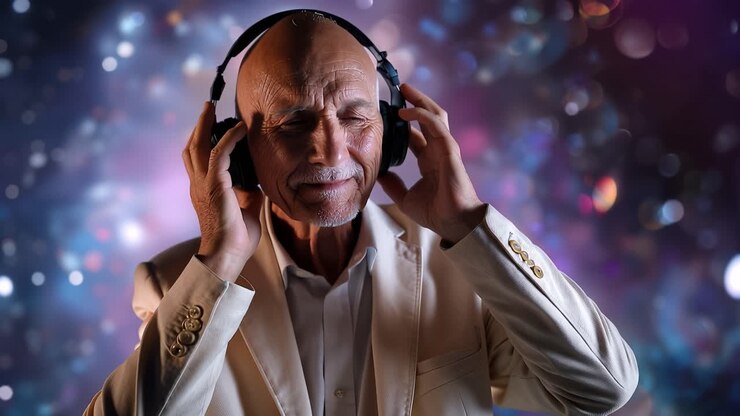 Man wears headphones, eyes closed, relaxed. He smiles, head tilted, enjoying music. Soft background lights glow, dreamy. Ideal for music, wellness, or relaxation scenes