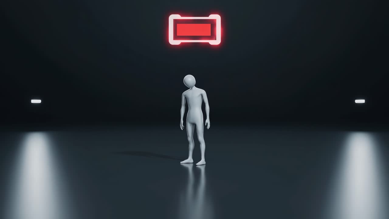 Human figure is standing still in a dark room with a low battery indicator floating above its head, symbolizing exhaustion and lack of motivation